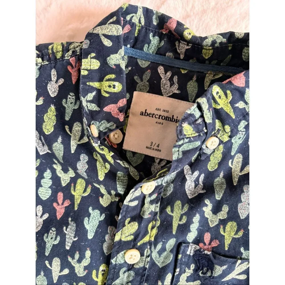 Abercrombie Kids Cactus Print Button Down Shirt Navy Size 3/4